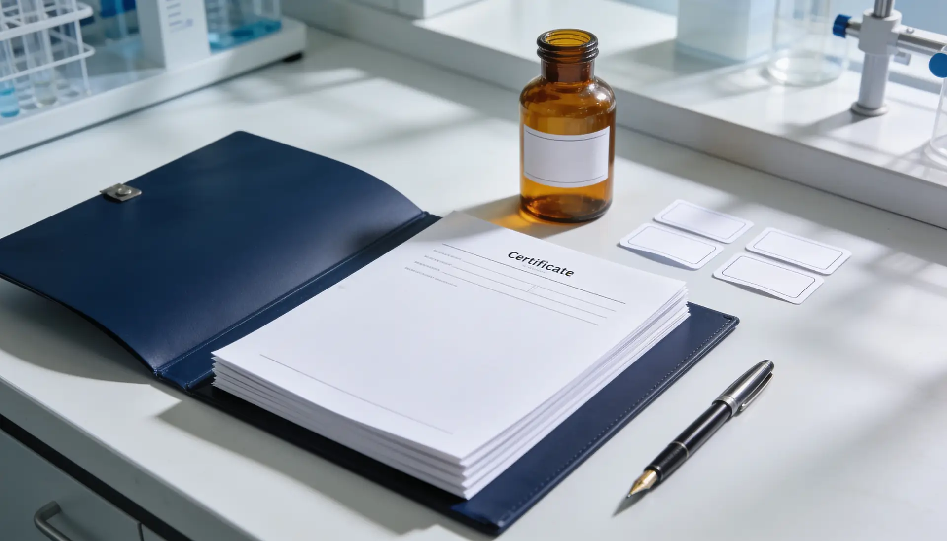 A navy folder of quality documents and an amber sample bottle on a laboratory bench