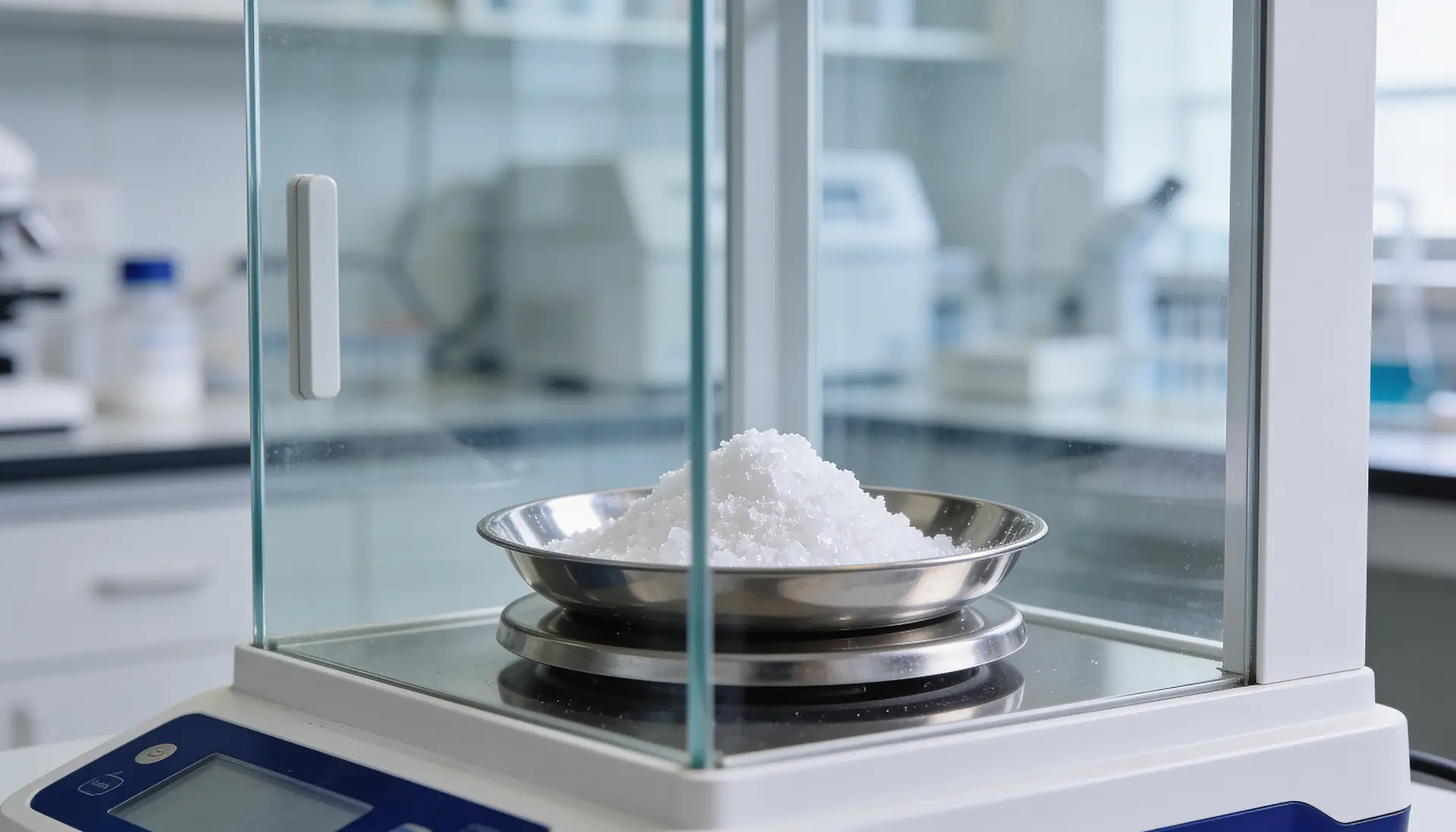 White crystalline powder on an analytical balance