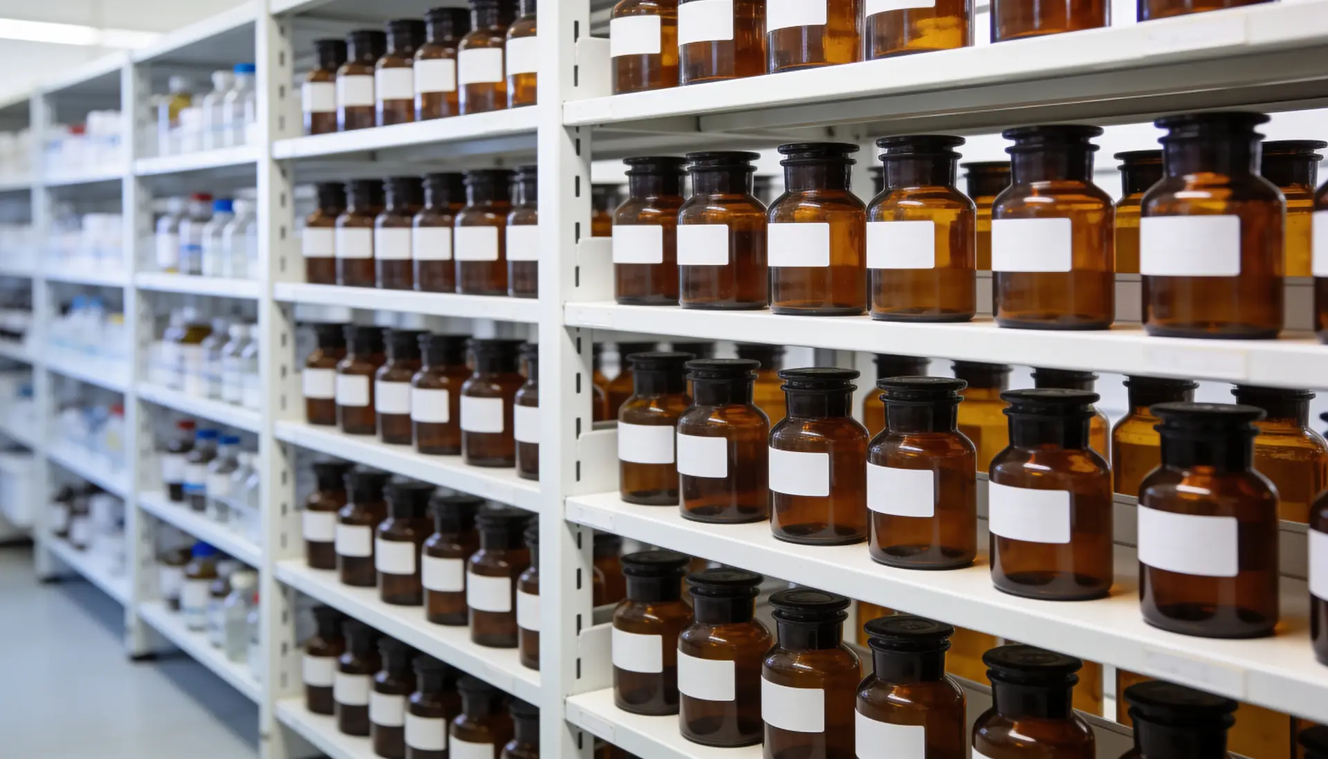 Amber sample bottles on white shelves