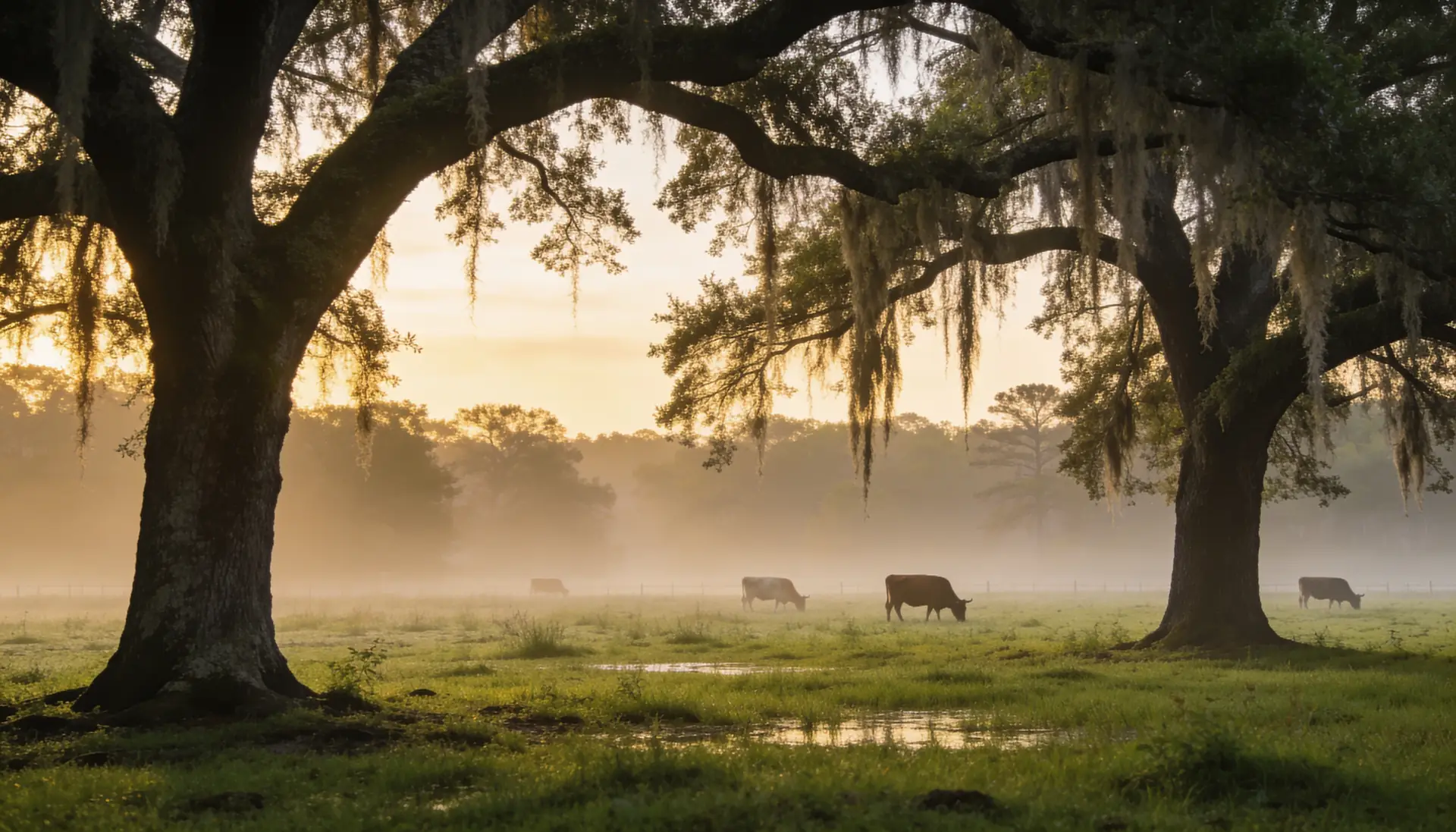Cattle pasture at dawn under live oaks